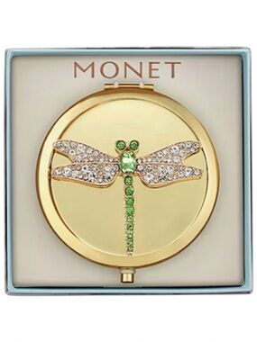 MONET Dragonfly Compact Mirror Gold Tone Green Rhinestone New In Box Insect Bug